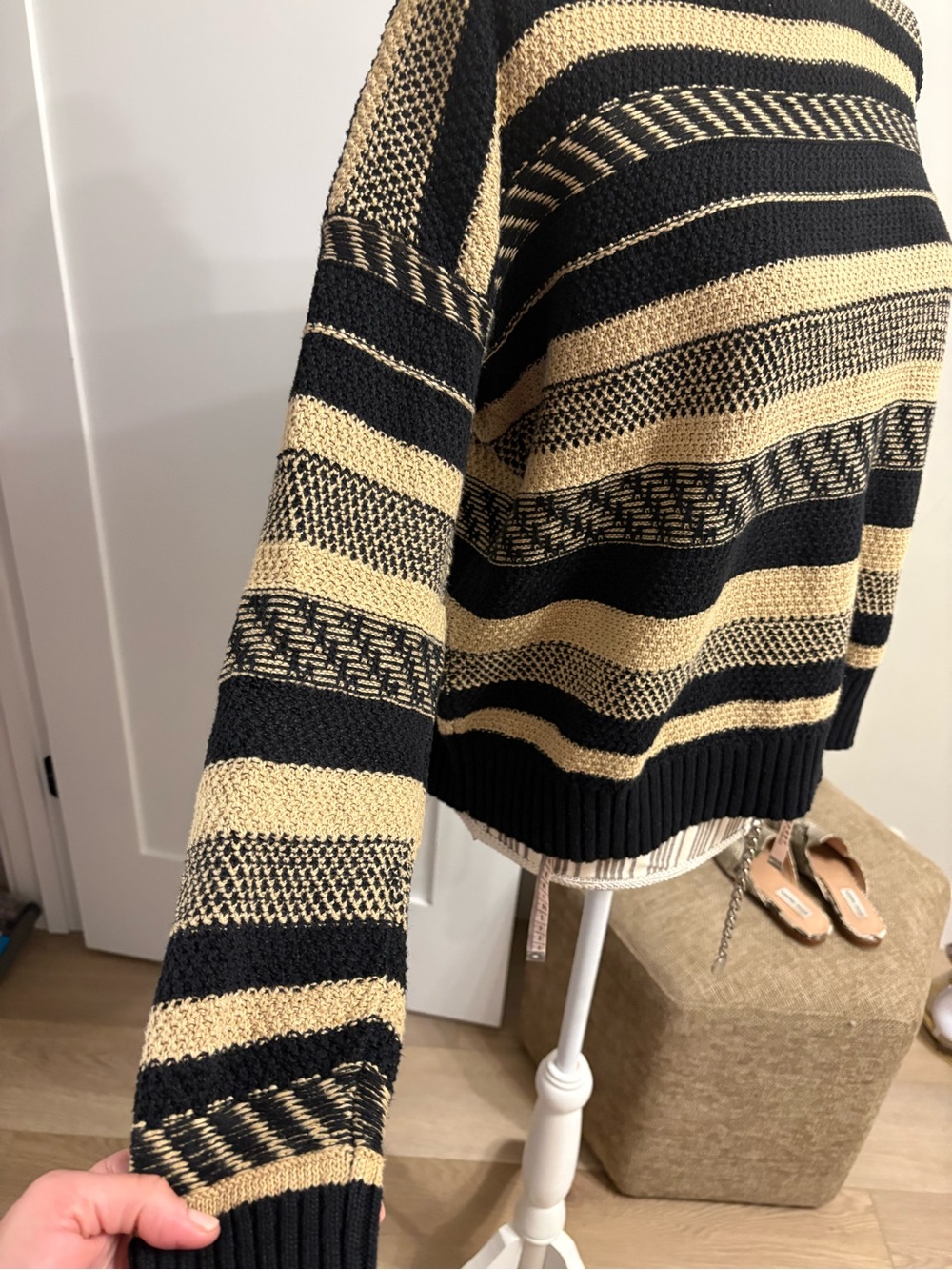 Womens Lauren ralph lauren Striped Knit Sweater Black and Beige sz S linen blend - Picture 3 of 11